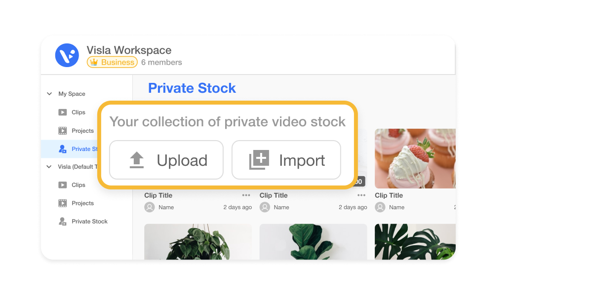Private Stock feature in Visla AI Video Editor, showcasing a personal media vault for AI-powered footage recommendation and seamless video creation.